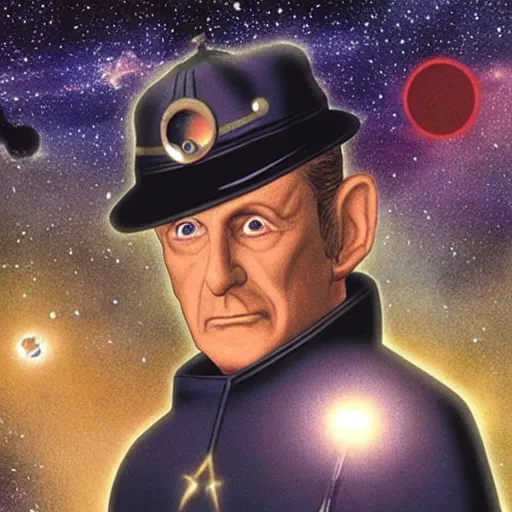 Image similar to constable odo on deep space nine staring out into the darkness of space at the many stars, with planet bajor and the bajoran wormhole in the distance