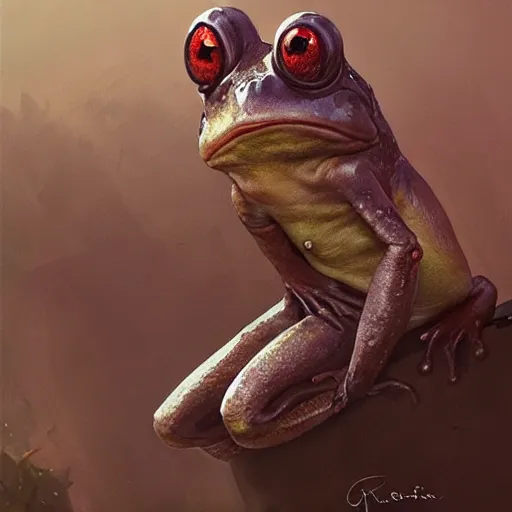 Image similar to hyper realistic caricature of a derpy frog person by greg rutkowski