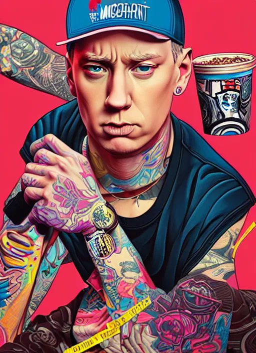 Image similar to eminem at mcdonalds, tristan eaton, victo ngai, artgerm, rhads, ross draws