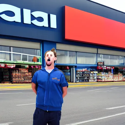 Image similar to a man in front of an aldi supermarket, terrified, in a terrifying pose, photo realistic