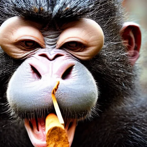 Image similar to a high detail closeup shot of a depressed monkey wearing a suit and smoking a cigar