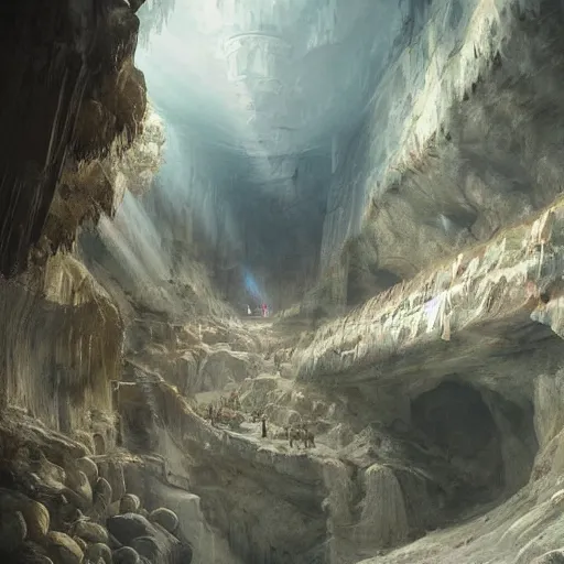 Image similar to panorama view of a complex crystal mine in an enormous underground cave system, painting, by greg rutkowski