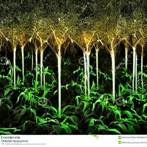 Image similar to corn growing from trees, mood lighting