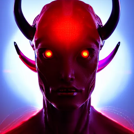 Image similar to portrait of realistic alien with horns. red eyes, human eyes, background flames, sci - fi, tech wear, volumetric lighting, intricate, elegant, highly detailed, digital painting, artstation, concept art, film noir - h 7 0 4