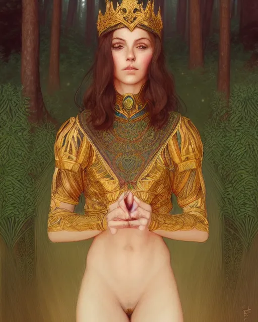 Image similar to symmetry portrait of welsh brunette princess with short hair, mans tunic, forest background, intricate, elegant, highly detailed, digital painting, artstation, concept art, smooth, sharp focus, illustration, art by artgerm and greg rutkowski and fra angelico and alphons mucha