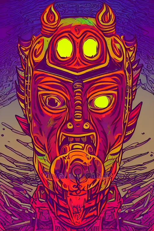 Image similar to totem animal mask tribal feather gemstone plant wood rock shaman vodoo video game vector cutout illustration vivid color borderlands comics by josan gonzales and dan mumford radiating a glowing aura