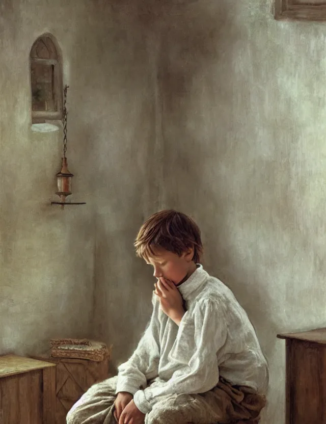 Prompt: peasant boy praying in country house, cottage core, cinematic focus, polaroid photo bleached vintage pastel colors high - key lighting, soft lights, foggy, by steve hanks, by lisa yuskavage, by serov valentin, by tarkovsky, detailed, oil on canvas