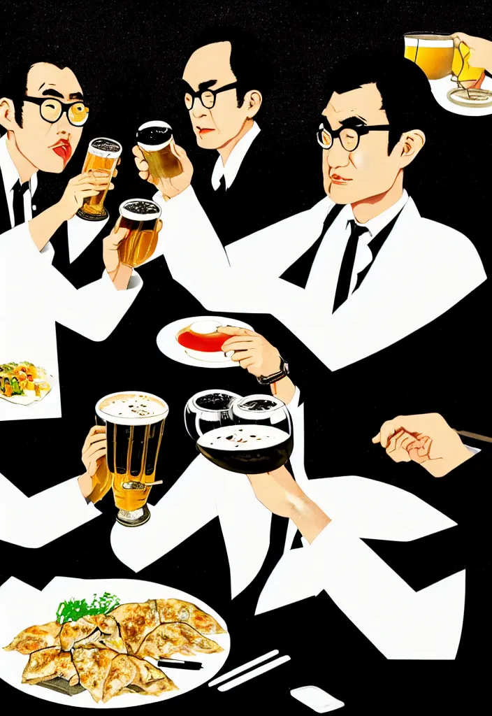 Image similar to two businessmen eating gyoza and drinking beer at an outdoor table in nighttime izakaya in shinbashi tokyo, japan, a collage painting, in the style of wes anderson, lola dupre, david hockney, isolated on negative white space background dark monochrome fluorescent neon spraypaint accents volumetric octane render