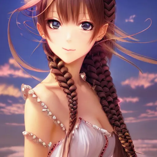 Prompt: 3D advanced digital art, a very cute and gorgeous anime woman wearing a dress made of Sand + full body, very long brown hair+braided hair, brown eyes, standing in a dessert, full round face :: cinematic lighting, mid-shot, highly intricately detailed, trending on pixiv :: Steven Artgerm Lau, WLOP, RossDraws, RuanJia , James Jean, Andrei Riabovitchev, Totorrl, Marc Simonetti, Visual Key, and Sakimichan