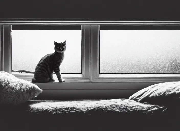 Image similar to photography of a Cat . watching outside the window while it rains. on a bed. in a 70's room full of vinyls and posters, photorealistic, raining award winning photo, 100mm, sharp, high res