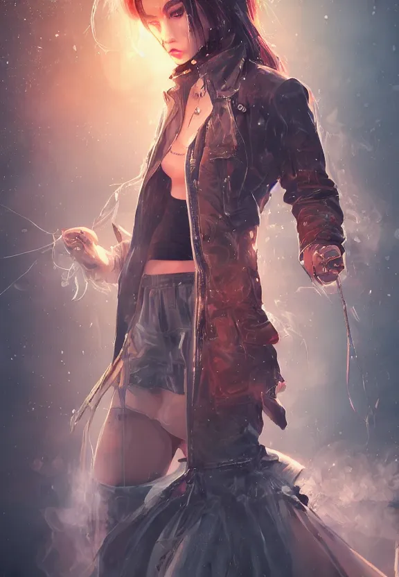 Image similar to full body illustration of girl with eyes that burn like cigarettes wearing a short skirt and a long jacket with fingernails that shine like justice, dramatic lighting, photorealistic, full body portrait, detailed anatomy, extreme detail, 4 k, colorful, artgerm and ben lo, octane render, detailed face, f / 2. 8