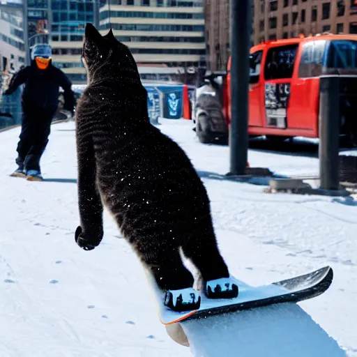 Image similar to cool cat snowboarding through downtown new york