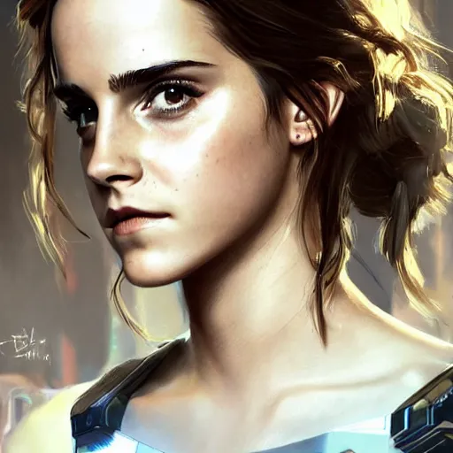 Image similar to emma - watson!! emma watson in cyberpunk 2 0 7 7, promotional, intricate, elegant, highly detailed, digital painting, artstation, concept art, smooth, sharp focus, illustration, art by artgerm and greg rutkowski