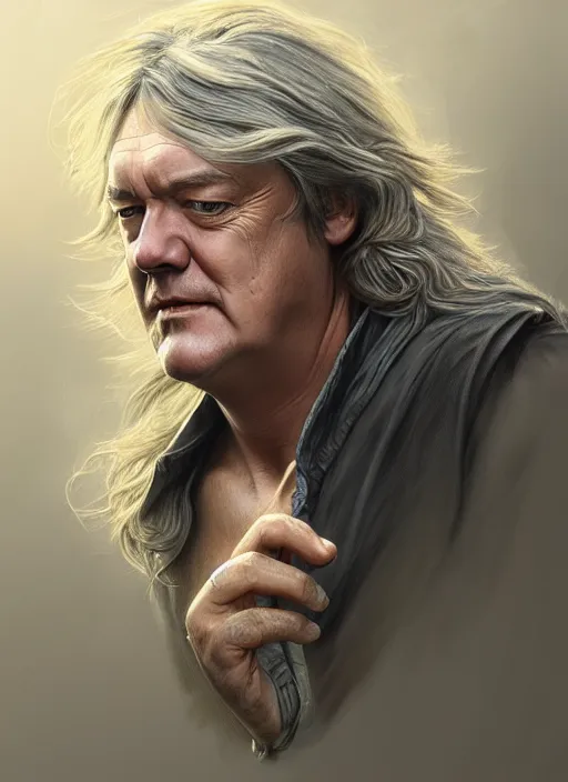 Image similar to portrait of james may, d & d, muscular, long grey hair, fantasy, intricate, elegant, highly detailed, digital painting, artstation, concept art, smooth, sharp focus, illustration, art by artgerm and greg rutkowski and alphonse mucha