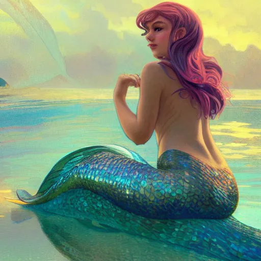 Image similar to a mermaid with a beautiful sparkling fin, cinematic lighting, soft bokeh, fantasy, modern, colourful, highly detailed, digital painting, artstation, deviantart, concept art, sharp focus, illustration, alphonse mucha, edward hopper