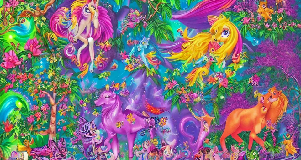 Prompt: Enchanted and magic forest, by Lisa Frank,