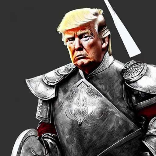 Prompt: donald trump, donald trump wearing knights armor, holding a broadsword, by hans holdein, donald trumps handsome face