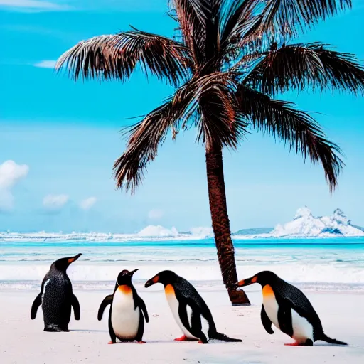 Image similar to photo of penguins on a tropical beach, palm trees, 50mm, beautiful photo