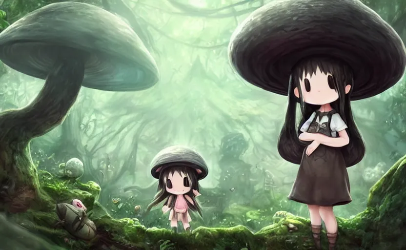 Image similar to cute little girl with an long black hair wearing an mushroom hat in the dark forest next to a sinister monster, cute artwork, clean detailed art, inspired by made in abyss, detailed background, fantastic world, spectacular quality