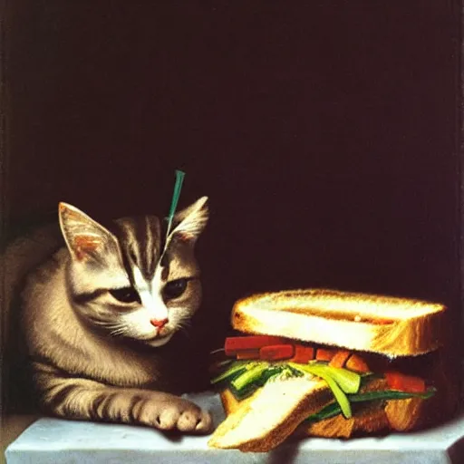 Prompt: Cat eating a sandwich by Rembrant