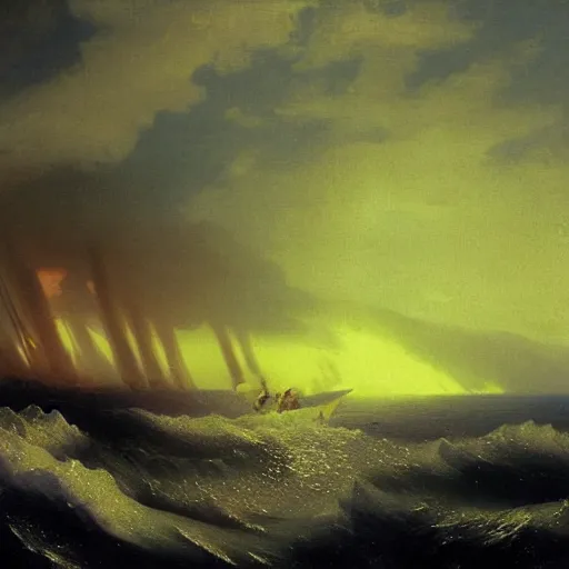 Prompt: Walrus jumping out of the ocean backwards wielding a flamethrower, volumetric lighting, RTX, neon lights, painting by Ivan Aivazovsky