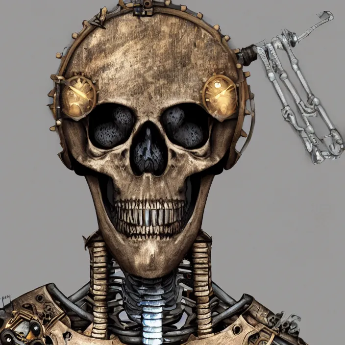 Prompt: portrait of a skeletal warrior in labradorite inlaid armor, clockwork steampunk, dieselpunk, head and chest only, 4 k, deviantart, trending on artstation