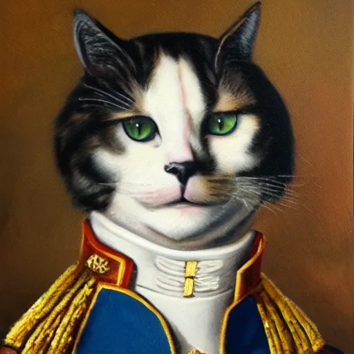 Prompt: a oil painting of a cat dressed as Napoleon