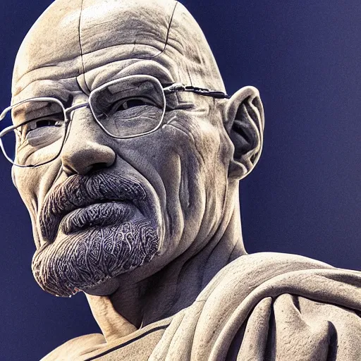 Image similar to a photograph of a very detailed renaissance sculpture of walter white wearing a smurf hat standing in times square, made by michelangelo, from the distance, hyper detailed, sharp focus, 8 k resolution, ray tracing