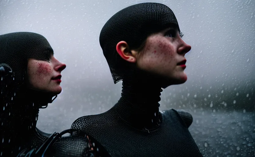 Image similar to cinestill 5 0 d candid photographic portrait by helen levitt of two loving female androids wearing rugged black mesh techwear in treacherous waters, extreme closeup, modern cyberpunk moody emotional cinematic, pouring rain, 8 k, hd, high resolution, 3 5 mm, f / 3 2, ultra realistic faces, ex machina