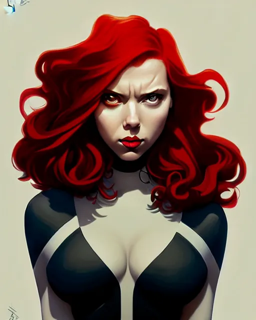 Image similar to peter mohrbacher, phil noto, artgerm, pretty scarlett johansson black widow, symmetrical eyes, long red hair