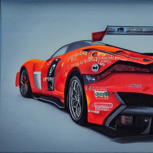 Image similar to intricate five star sports car racing by monica lee, colored pencil on paper, high detail, skin texture, photo realistic, hyperrealism, matte finish, high contrast, 3 d depth, masterpiece, vivid colors, artstationhd