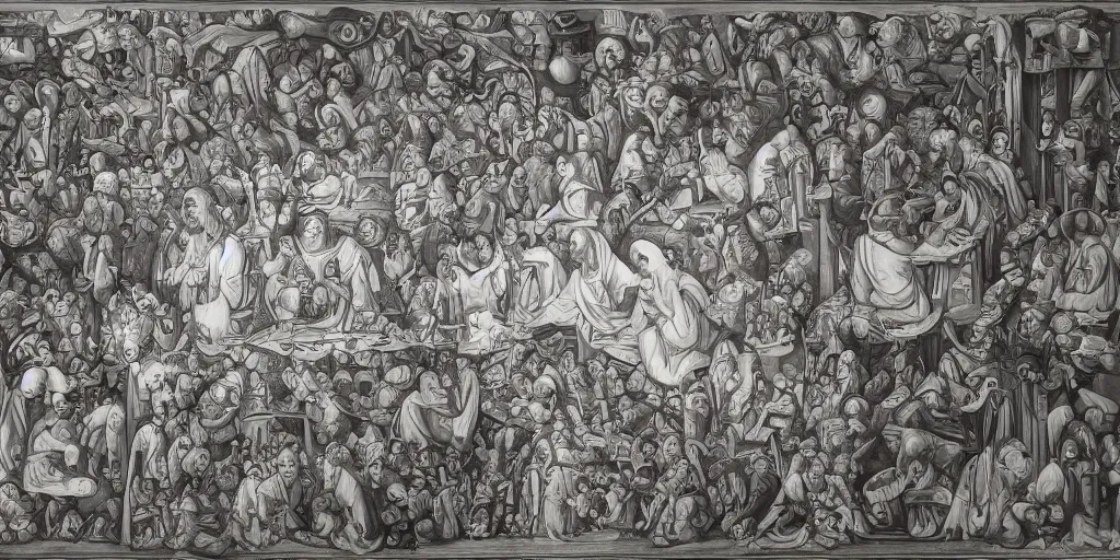 Image similar to multilayer last supper full color gradient pattern of escher style 3 6 0 panorama with hieronymus bosch style bubbles, unfinished, very detailed