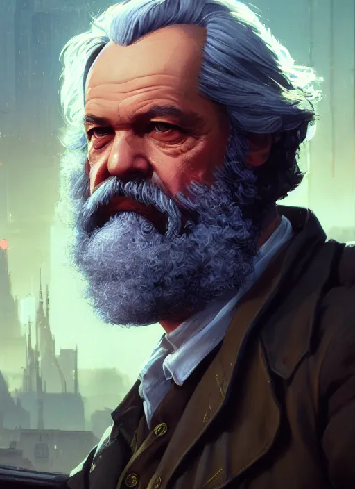 Image similar to highly detailed portrait karl marx in gta v, stephen bliss, unreal engine, fantasy art by greg rutkowski, loish, rhads, ferdinand knab, makoto shinkai and lois van baarle, ilya kuvshinov, rossdraws, tom bagshaw, global illumination, radiant light, detailed and intricate environment