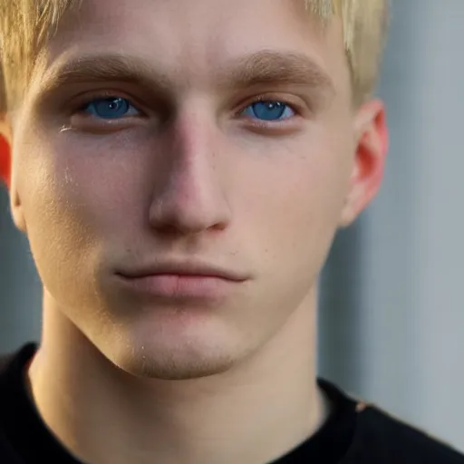 Image similar to an close - up photo of an american 2 0 yo man wearing a white shirt and black tracksuit, blonde hair, blue eyes, small blond goatee, biggish nose