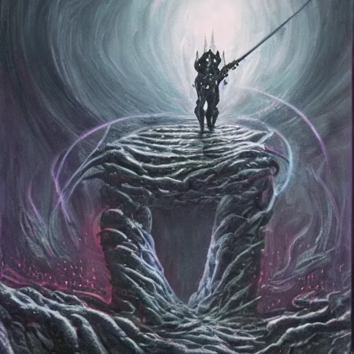 Image similar to an arrogant knight steps casually into the abyssal portal, only to be met with unimaginable horrors from beyond. his body and mind are completely annihilated as he witnesses the end of time. space itself begins to warp into a single point of light and for a few silent moments the knight knows everything, from his world and beyon. dark fantasy, oil painting, high detail