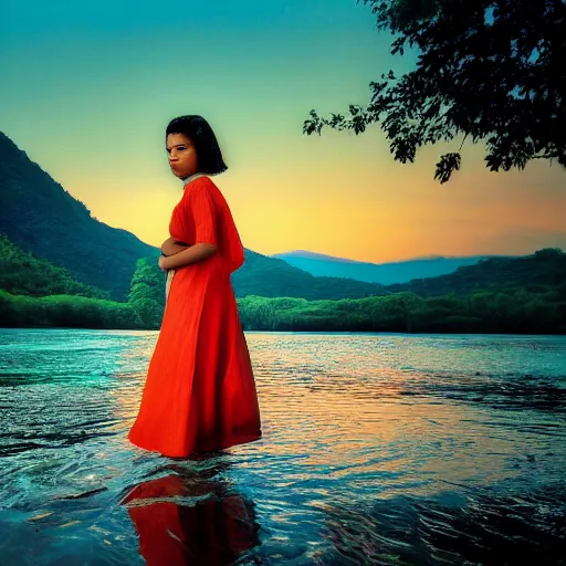 Prompt: Fine art photo of the most beautiful woman, she is posing while maintain a sweet eye contact to the camera she is walking on a river, she is getting ulluminated by the rays of the sunset, the photo was taking by Steve McCurry, matte painting, oil painting, naturalism, 4k, 8k