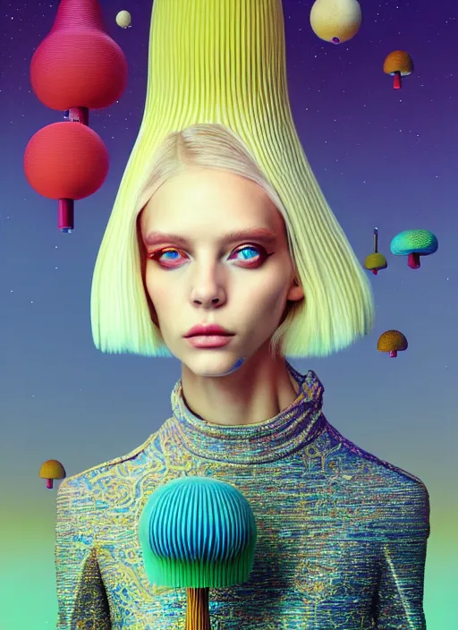 Image similar to pretty futuristic blonde model with hallucination mushroom : : by martine johanna and simon stalenhag and chie yoshii and casey weldon and wlop : : ornate, dynamic, particulate, rich colors, intricate, elegant, highly detailed, vogue, harper's bazaar art, fashion magazine, smooth, sharp focus, 8 k, octane render,