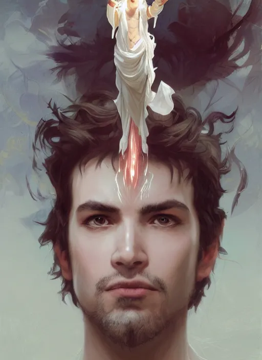 Image similar to character concept portrait of an attractive young Spanish wizard with white skin conjuring a flood spell, a floating iridescent spell book in the center, intricate, elegant, digital painting, concept art, smooth, sharp focus, illustration, from Metal Gear, by Ruan Jia and Mandy Jurgens and William-Adolphe Bouguereau, Artgerm