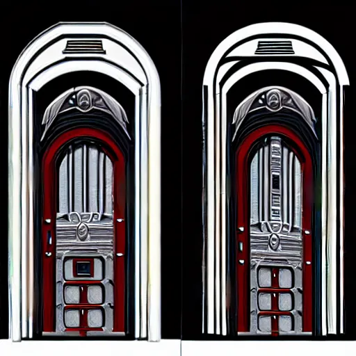 Prompt: hyper realistic ornate sci - fi side by side door