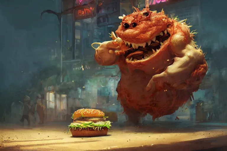 Image similar to fast food monster by jean - baptiste monge, high quality, high resolution, 4 k, painted by cgsociety, rutkowski, gurney with ambient lighting, concept art, detailed, smooth, dynamic volumetric cinematic lighting, octane, raytrace