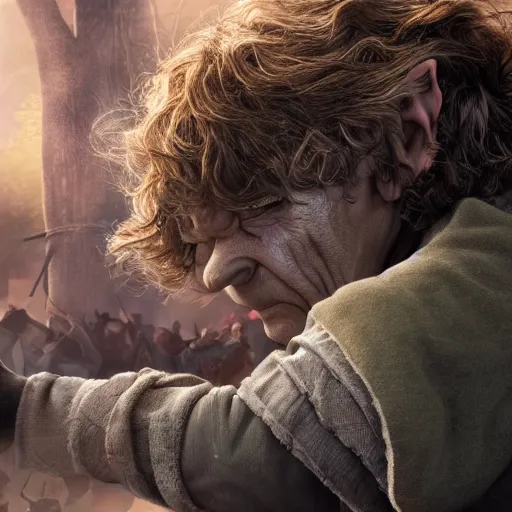 Prompt: Bilbo Baggins fighting an orc detailed 4K digital art