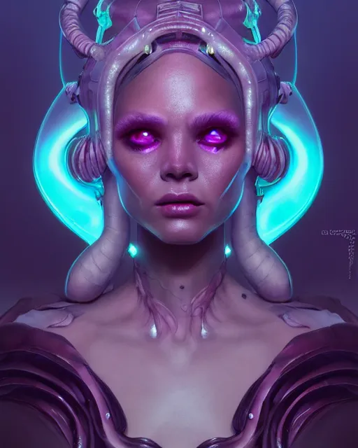 Image similar to one singular portrait of a cute bioluminescent alien queen, highly detailed, digital painting, moody cinematic lighting, hyperrealism, dark retrowave, art by stanley lau and artgerm and magali villeneuve and alphonse mucha, artstation, octane render, cgsociety