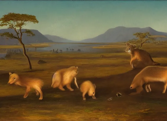 Image similar to the first mammals start to appear after the long impact winters, small mammals explore the new lands of the paleogene era of earth, in the style of hudson river school of art, oil on canvas