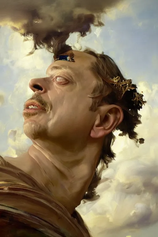 Image similar to beautiful detailed expressive impressionistic oil painting portrait of ancient roman god emperor steve buscemi ascending into the clouds wearing the civic crown, renaissance painting, art by anders zorn, wonderful masterpiece by greg rutkowski, expressive brush strokes, beautiful cinematic light, american romanticism by greg manchess, jessica rossier