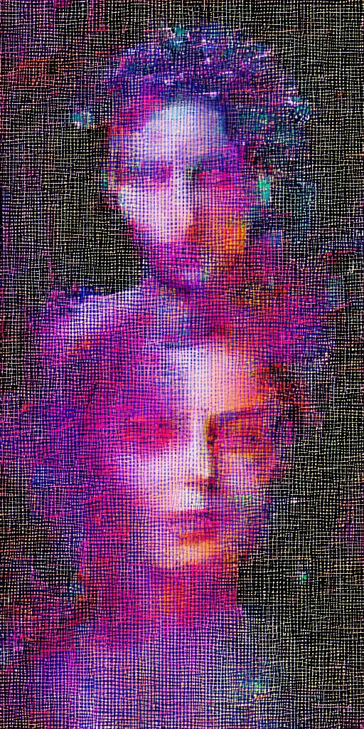 Image similar to a glitched photograph of a woman, digital, distorted, blocky, pixelsorting, encoding error