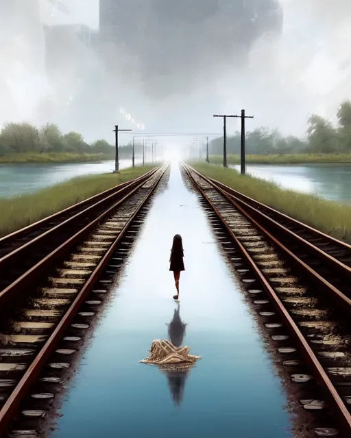 Image similar to photo of girl walking along submerged train tracks reflective water toward a station in the distance, wide horizon, large white clouds, intricate, elegant, highly detailed, digital painting, artstation, concept art, smooth, sharp focus, illustration, art by artgerm and greg rutkowski and fra angelico