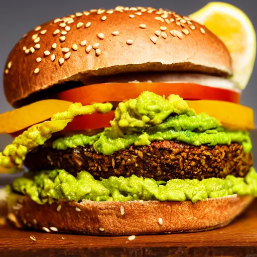 Image similar to vegan hamburger with guacamole and crispy fried onion and fried egg toppings, crispy buns, 8 k resolution, studio lighting, sharp focus, hyper - detailed