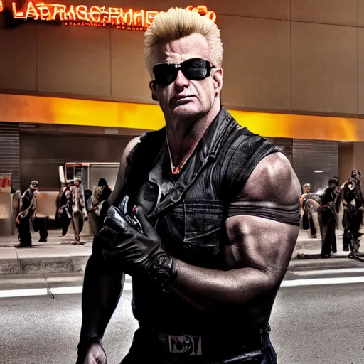 Image similar to [UHD candid photo of Duke Nukem on the streets of dystopian Las Vegas, correct face, accurate details, graphic detail, sharp focus by Annie Leibowitz]