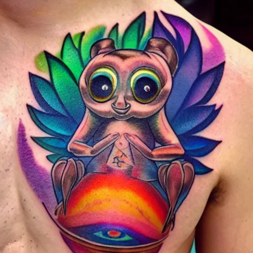 Prompt: shoulder tattoo of a multicolored trippy meditating cute bush baby, eyes are glowing rainbow spirals, happy mood, surrounded with colorful magic mushrooms and rainbow marihuana leaves, insanely integrate