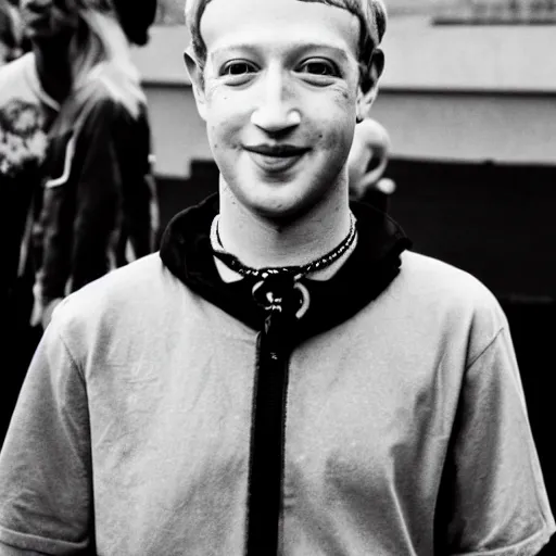 Prompt: bleached blonde mark zuckerberg with choker necklace looking edgy and punk rock at the skatepark 1 9 9 5